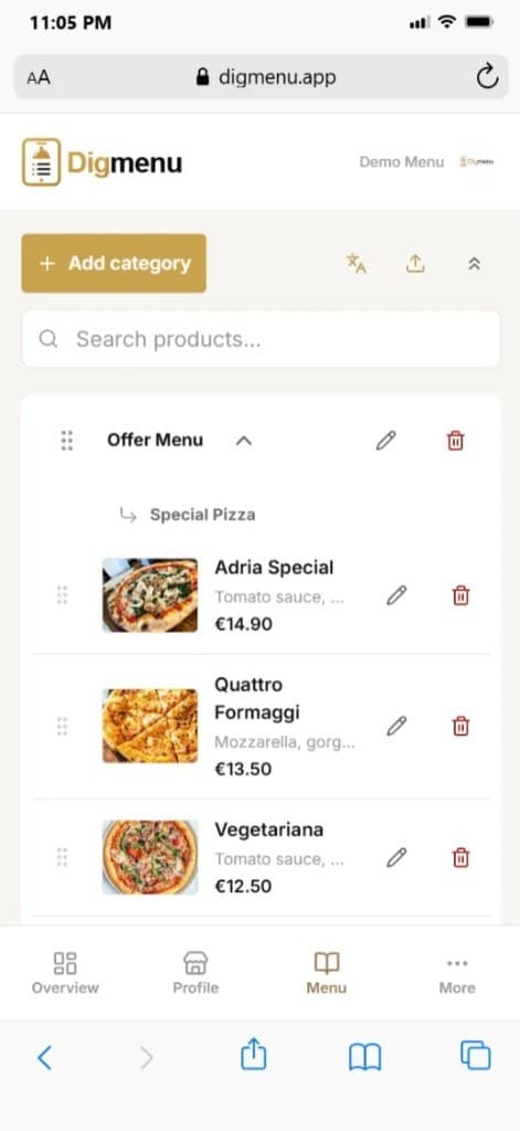 Digmenu dashboard for managing menu categories, products and prices