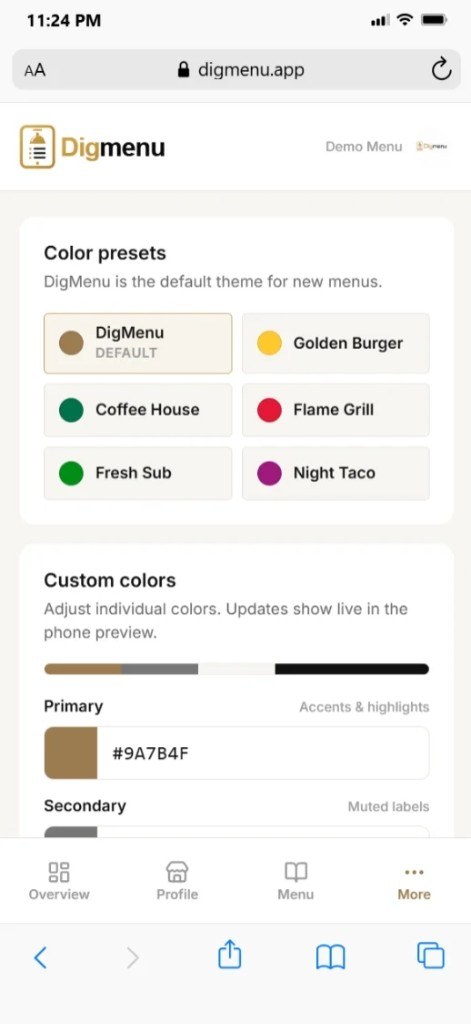 Digmenu appearance settings with color presets and custom colors