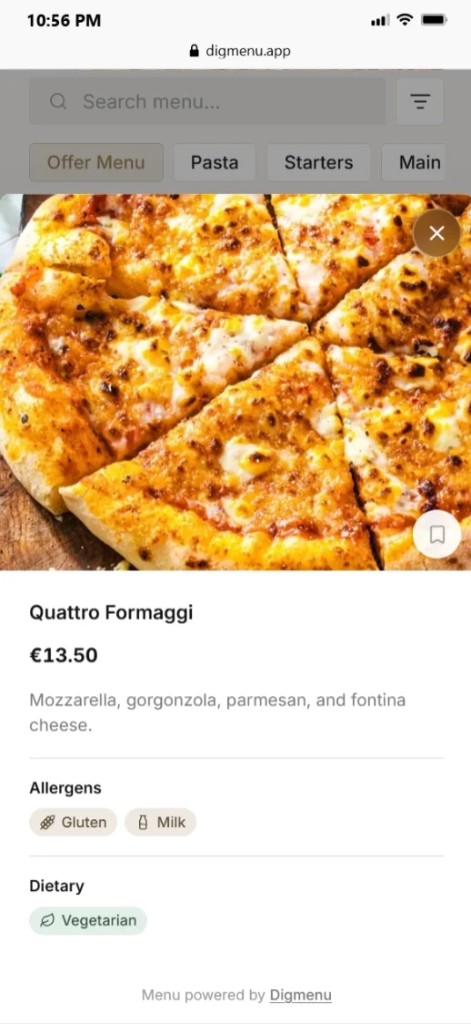 Digmenu product detail for Quattro Formaggi with allergens and dietary tags