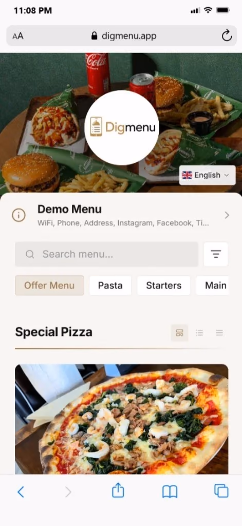 Digmenu digital restaurant menu displayed on a smartphone
