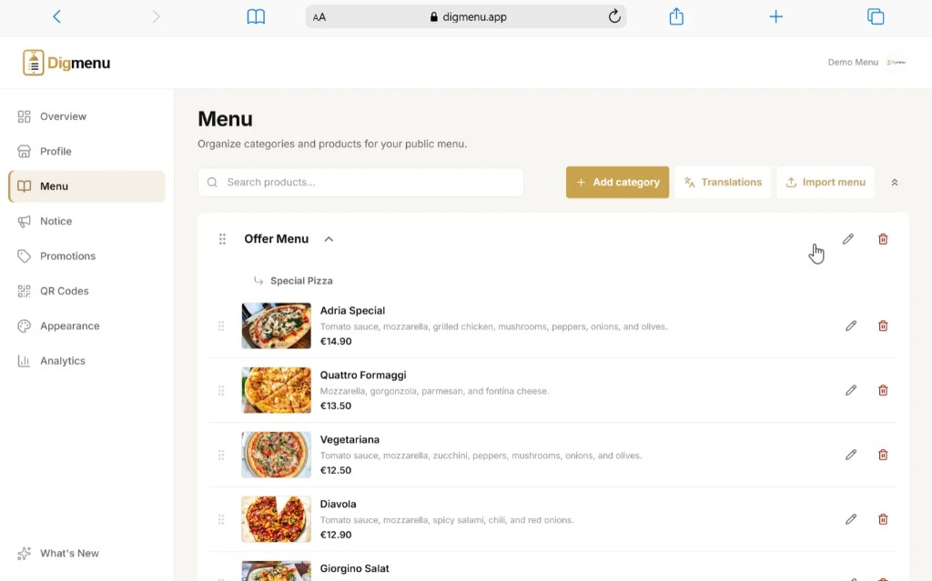 Digmenu dashboard showing menu categories, dishes, and prices